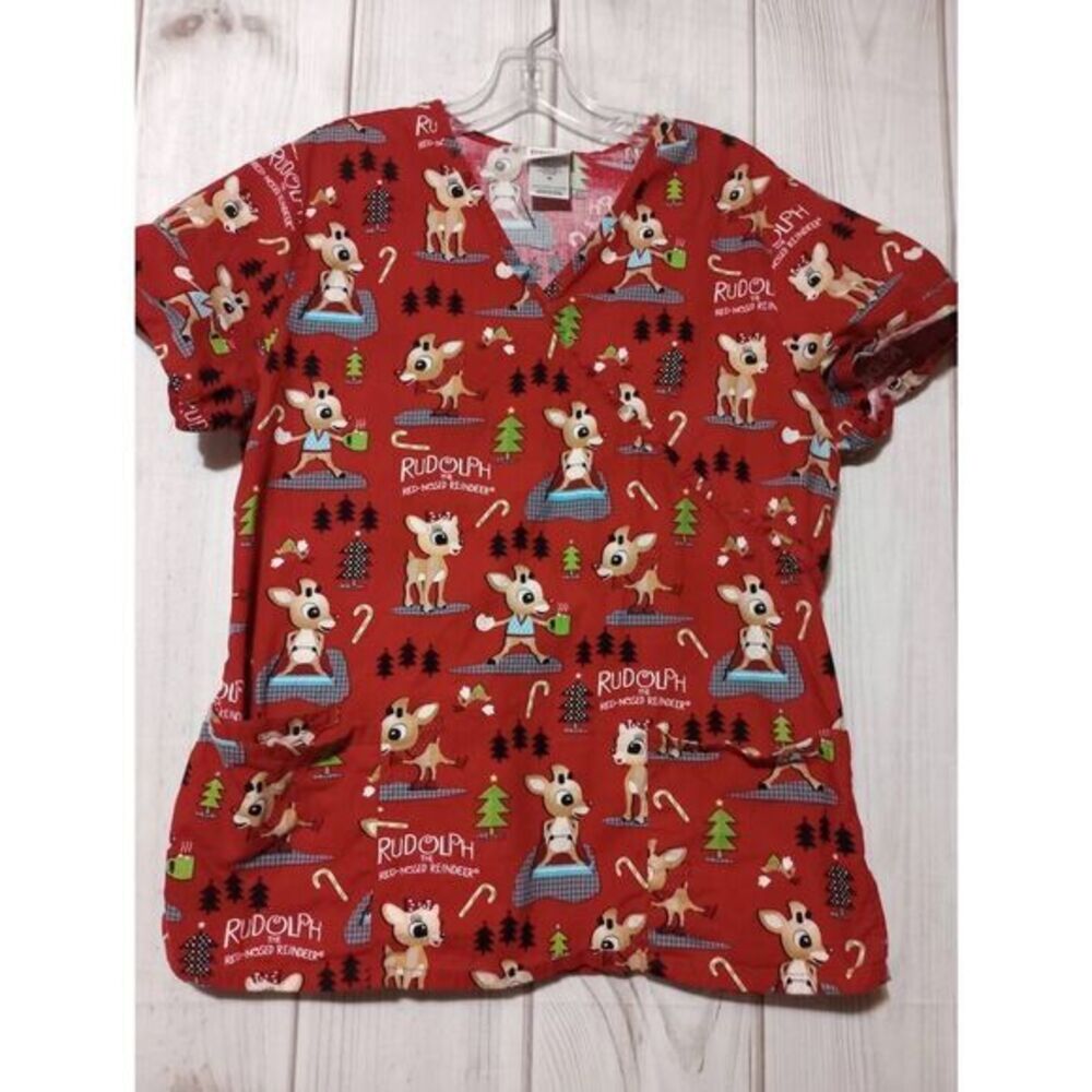 Rudolph the Red-Nosed Reindeer Christmas Scrub Top Red V-Neck Women Medium